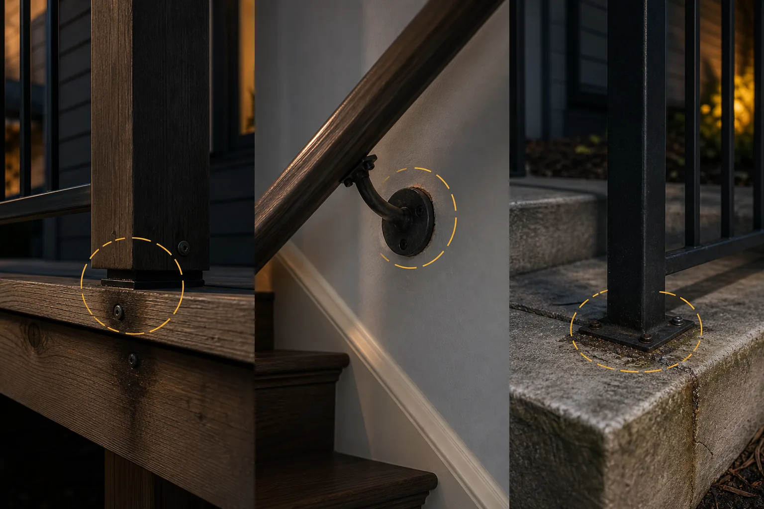 Deck post, wall handrail, and concrete-mounted railing support conditions with yellow inspection markers.