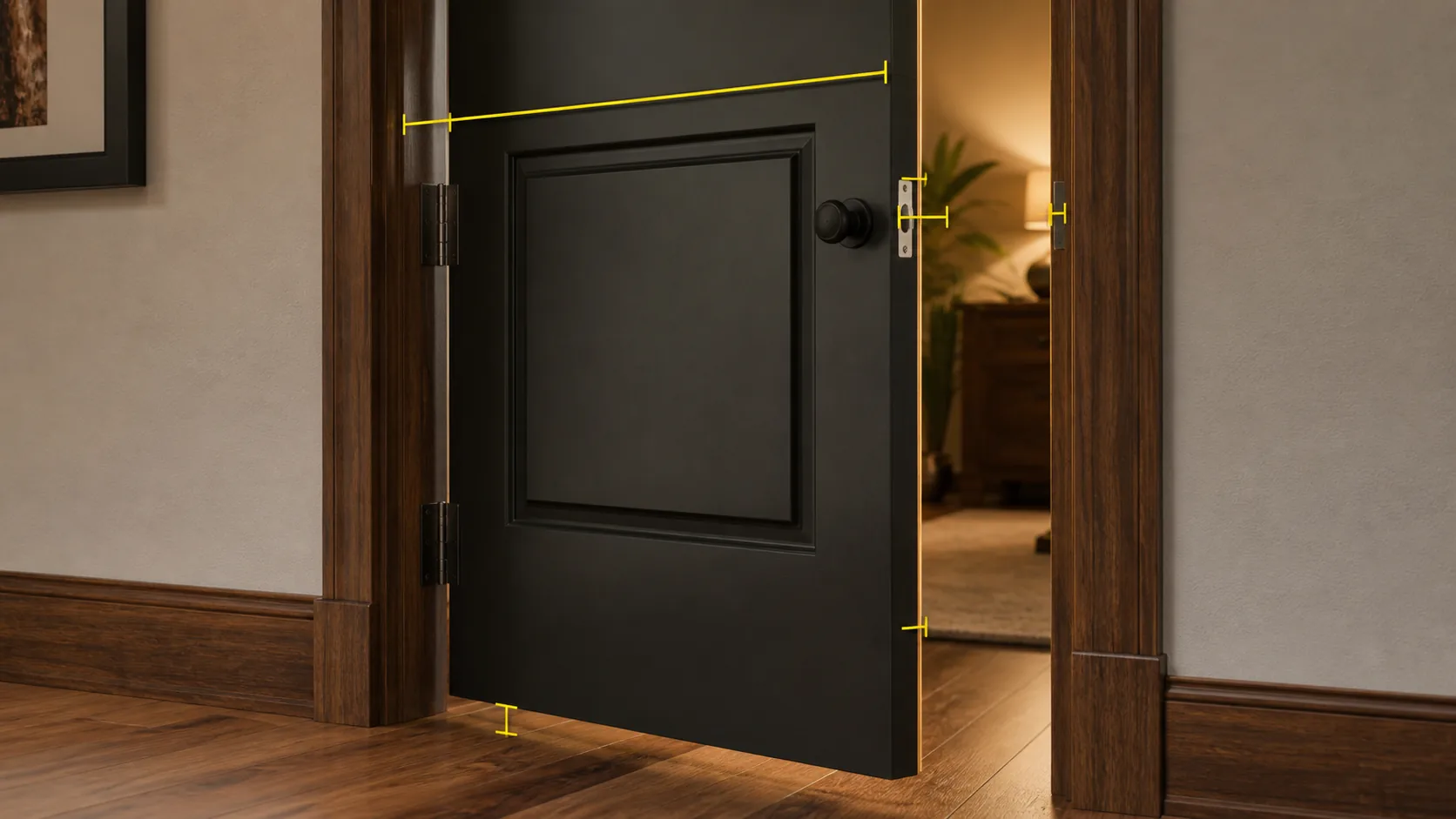 Partly closed interior door with hinge side, latch edge, strike plate, reveal gaps, and yellow alignment guides.