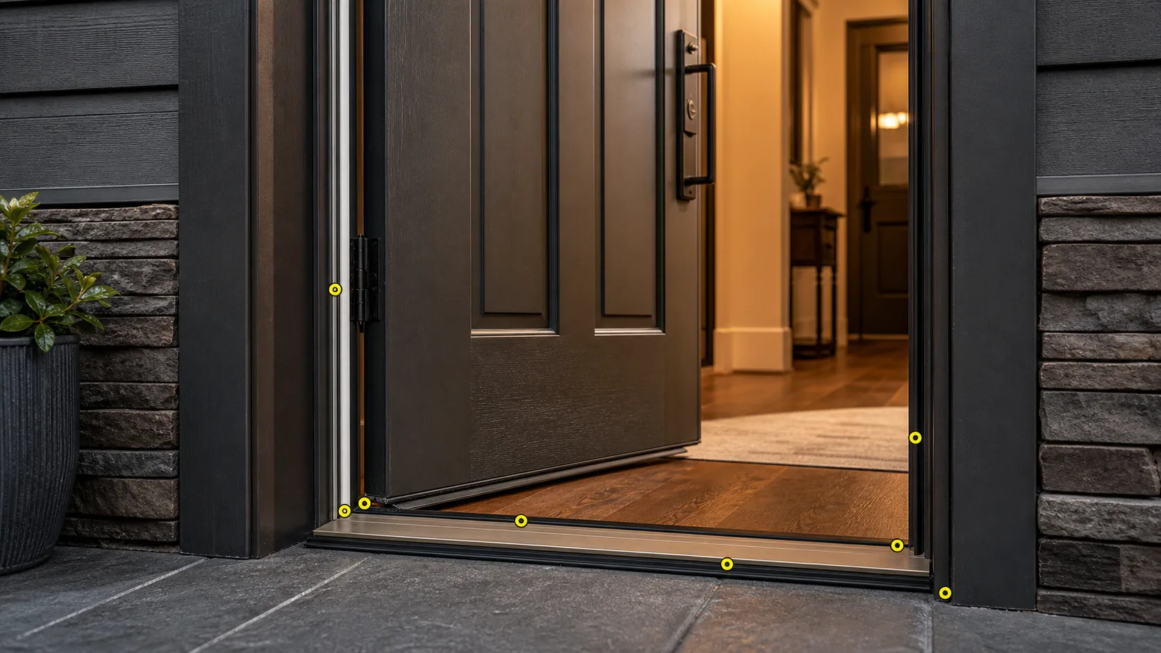 Exterior entry door perimeter showing weatherstripping, sweep, threshold, jamb, casing, and marked seal gaps.