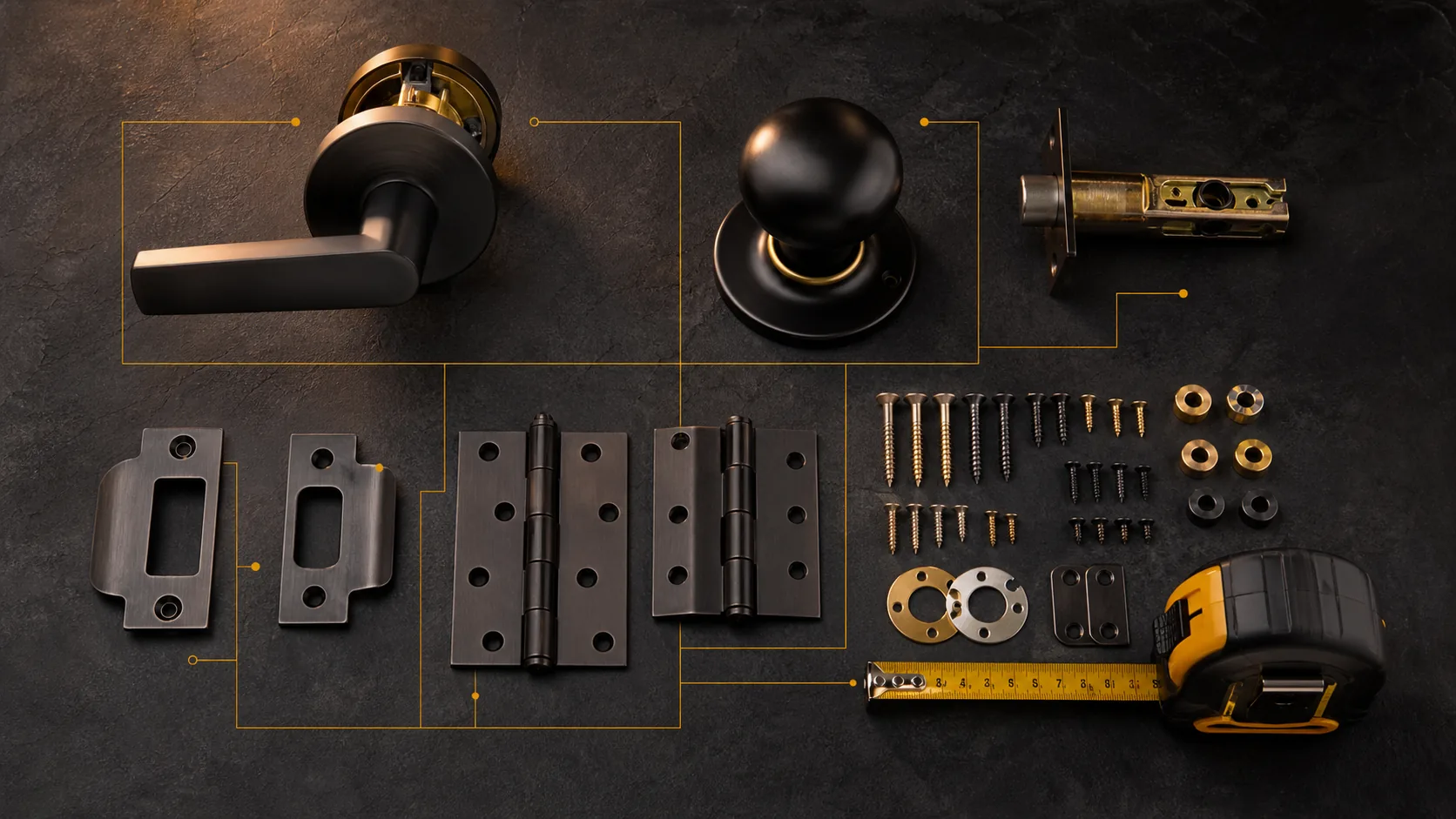 Door hardware inspection board with hinges, latch parts, knobs, lever set, strike plates, screws, and measurement markers.