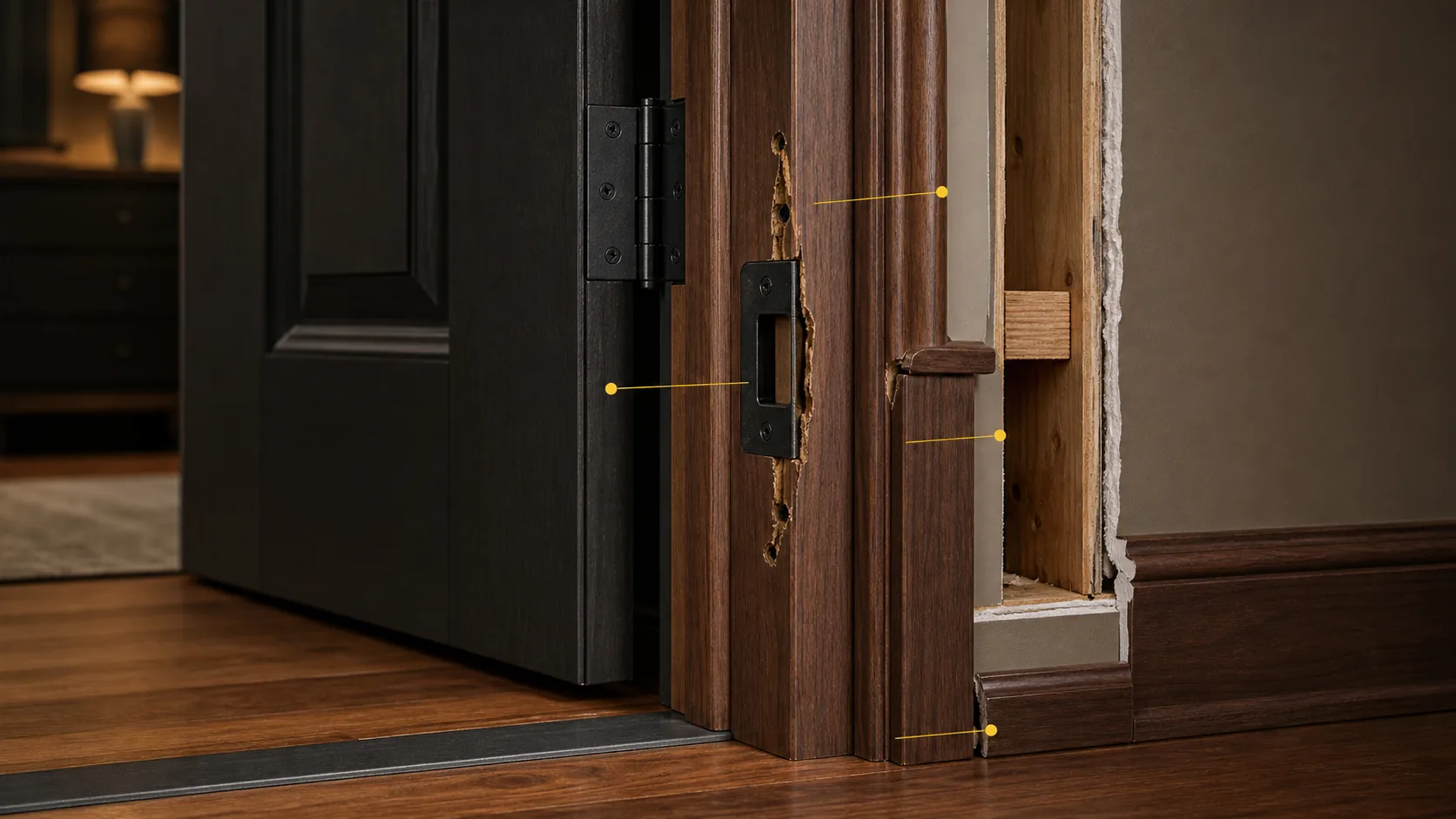 Door-frame cutaway showing jamb, stop, casing, strike area damage, hinge mounting, drywall, and floor transition.