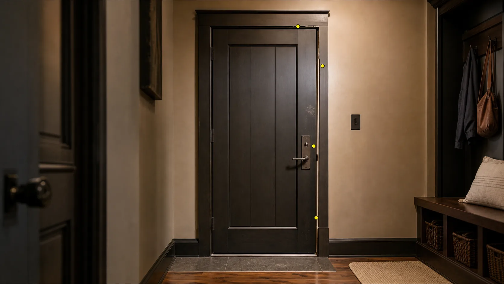 Dark residential door assembly with uneven reveal, loose handle plate, casing, threshold, and inspection markers.