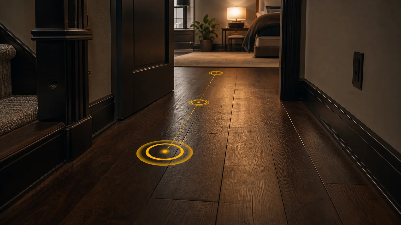 Finished hallway floor with several marked squeak locations and a walking path.