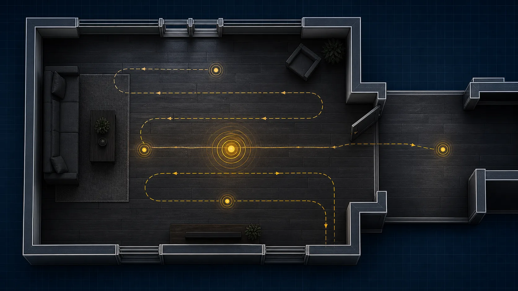 Blueprint-style room map with floor path lines and marked squeak zones.