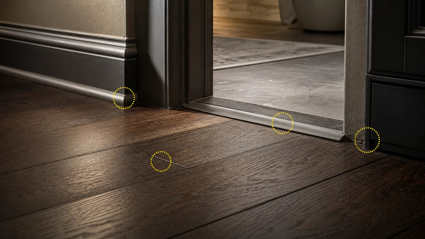 Floor-level view of plank seams, baseboard, threshold, and fixed edge contact points.