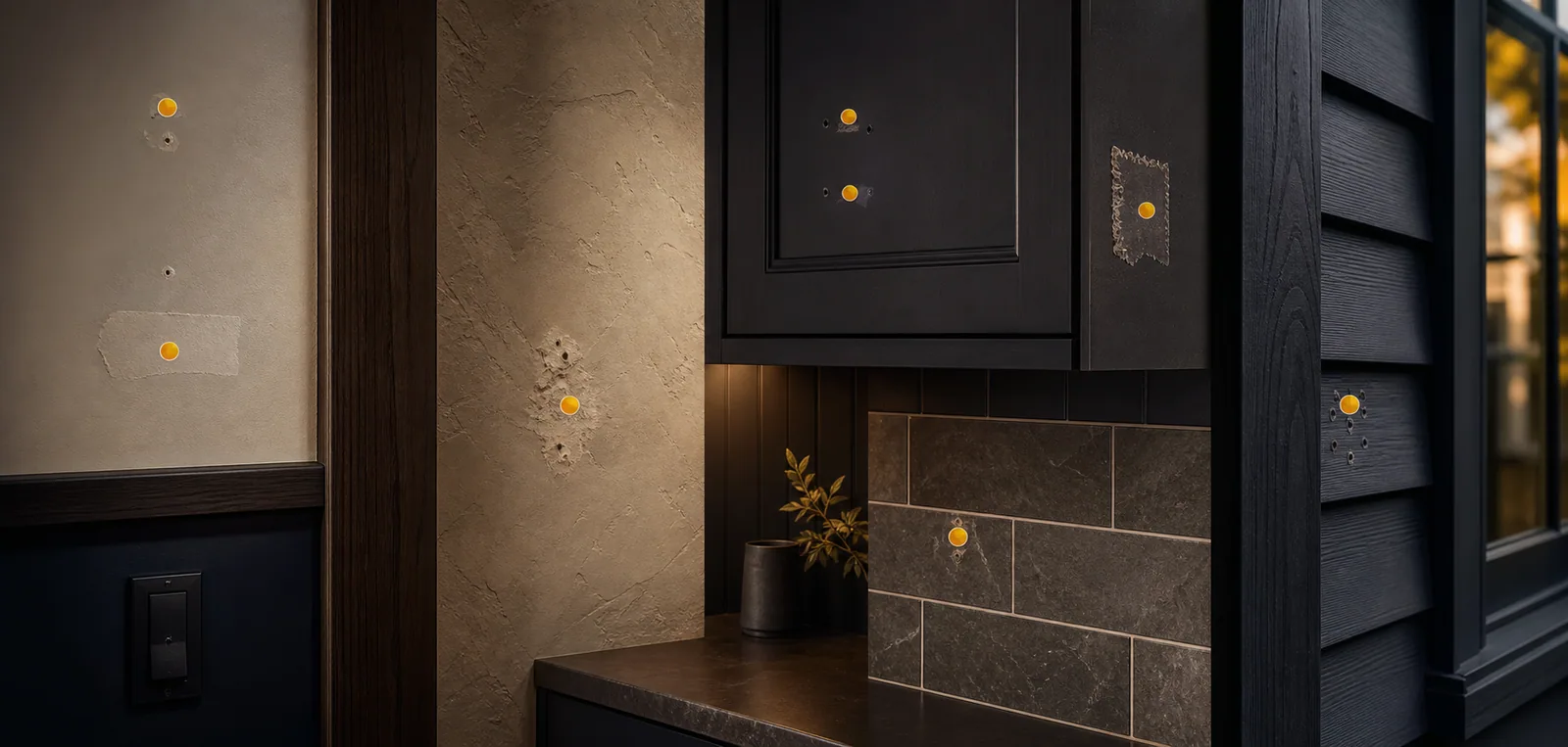 Architectural surface study showing drywall, plaster, cabinet panel, tile, exterior trim, previous holes, and amber mounting markers.