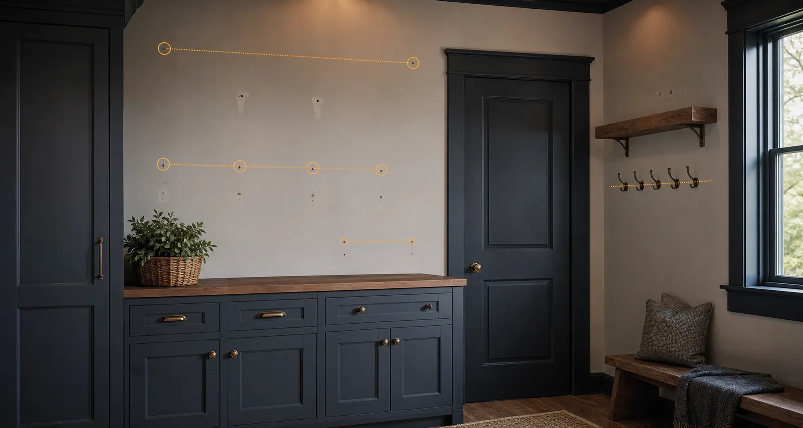 Freeport mudroom elevation with old mounting marks, hooks, cabinet hardware, window, blank wall, and unlabeled amber placement guides.