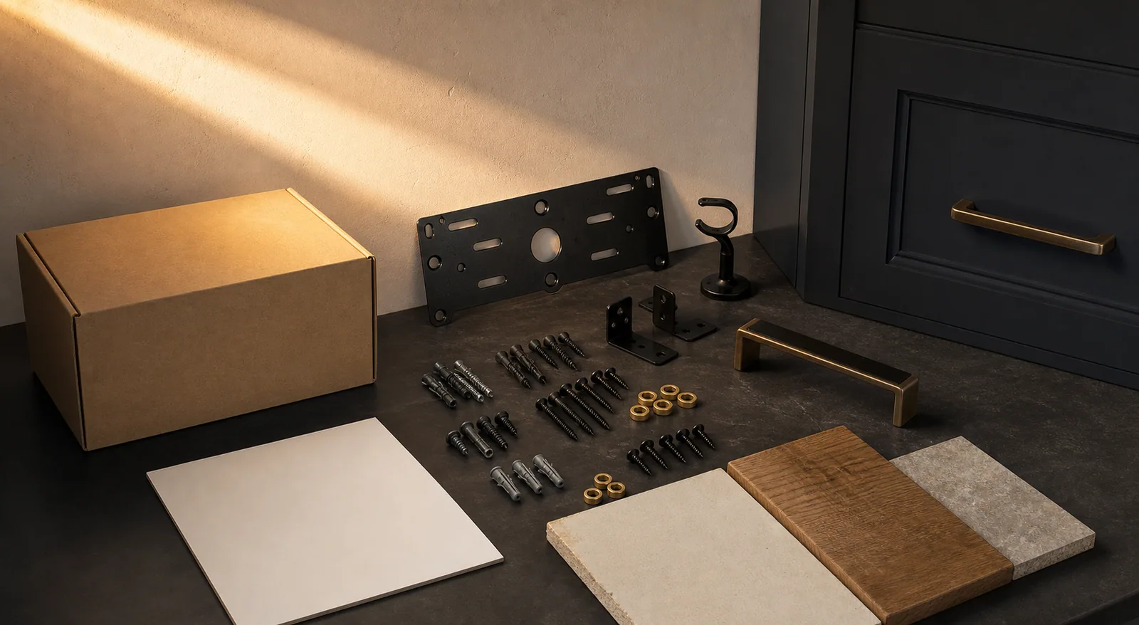 Unlabeled fixture installation product box, mounting plate, brackets, screws, anchors, cabinet pull, and surface samples on a dark table.