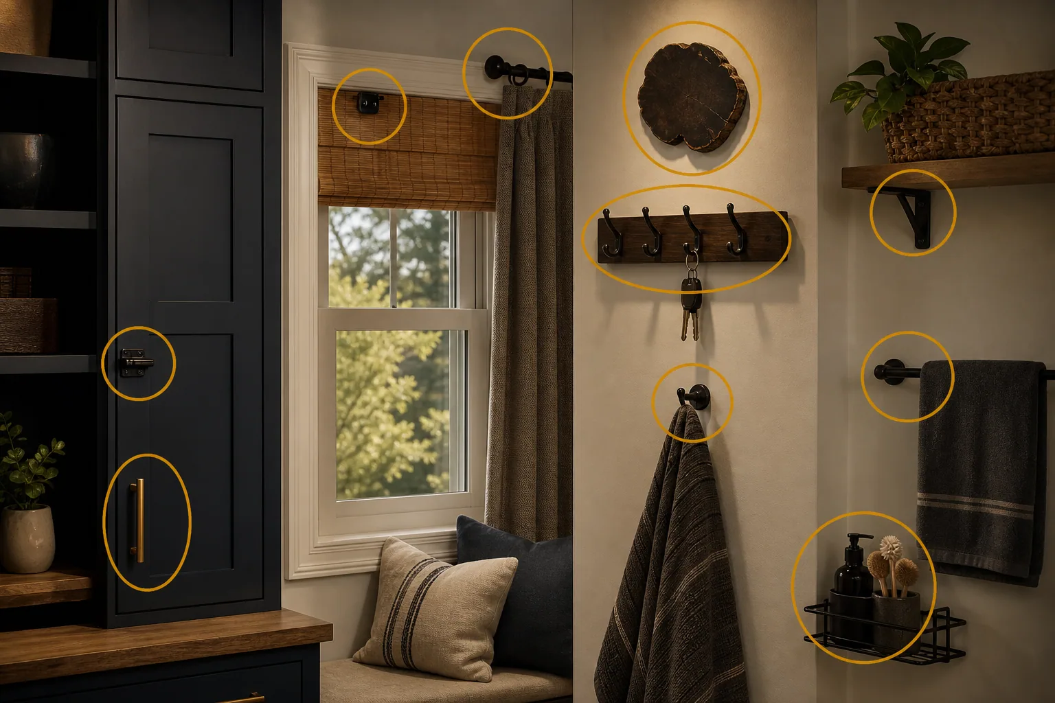 Freeport home interior with curtain bracket, shade hardware, entry hooks, towel bar, cabinet hardware, shelf bracket, organizer, and amber markers.
