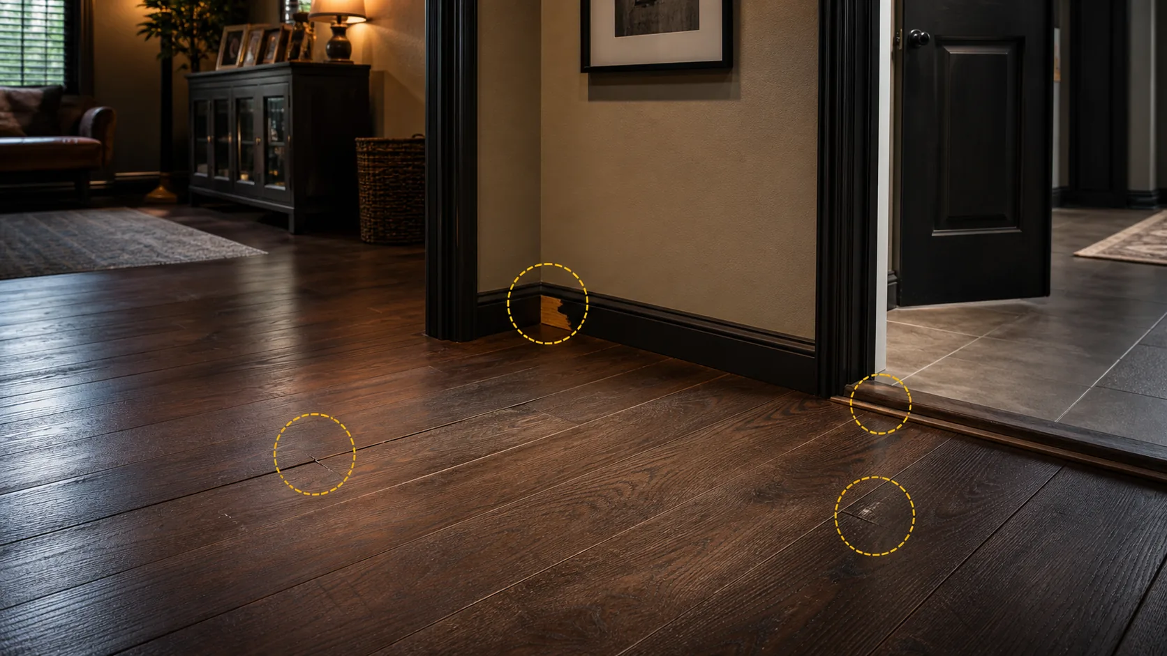 Dark plank flooring, doorway transitions, unfinished edges, and localized repair markers in a finished home.