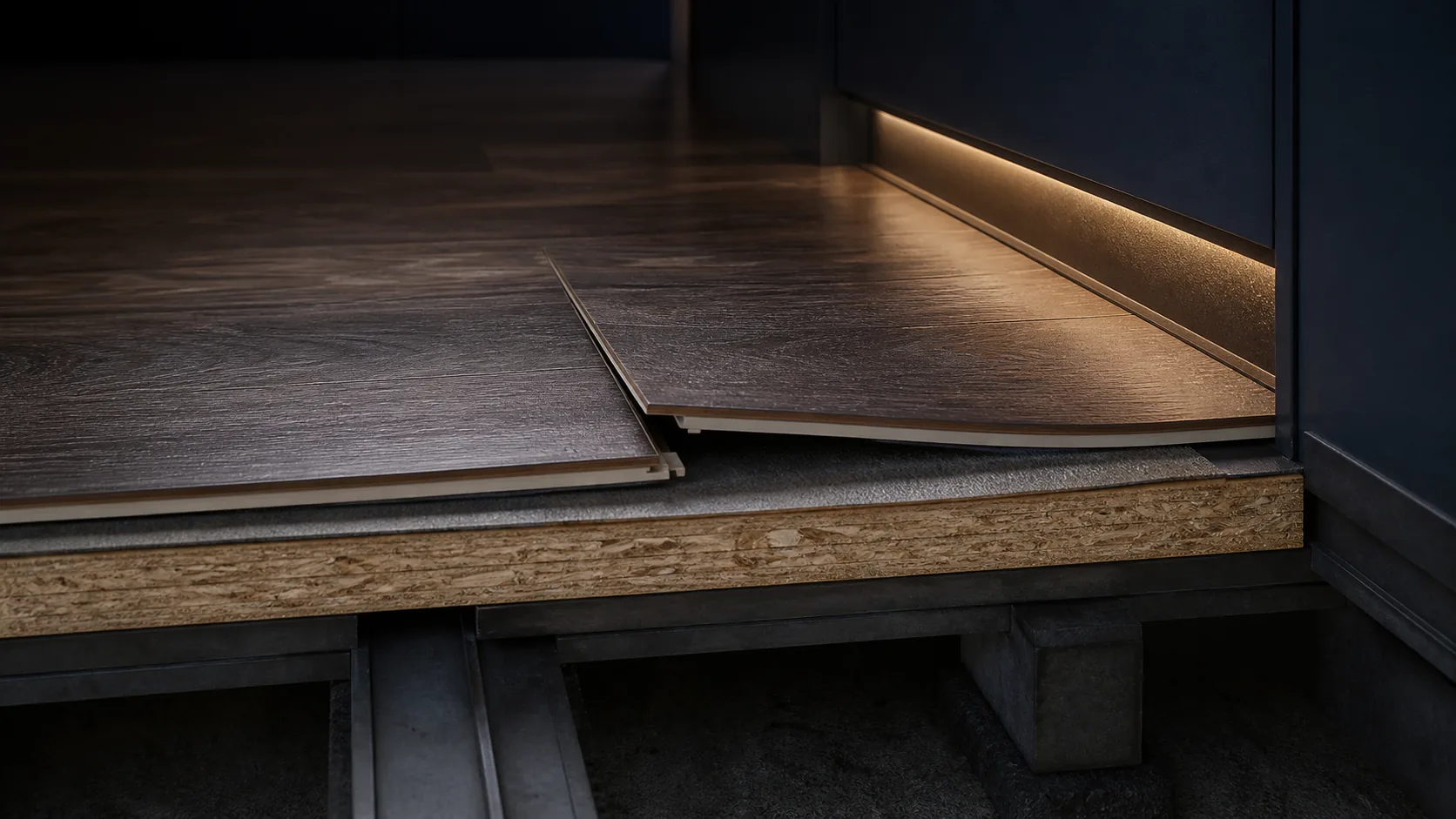 Diagnostic cutaway of raised plank flooring, underlayment, and subfloor layers.