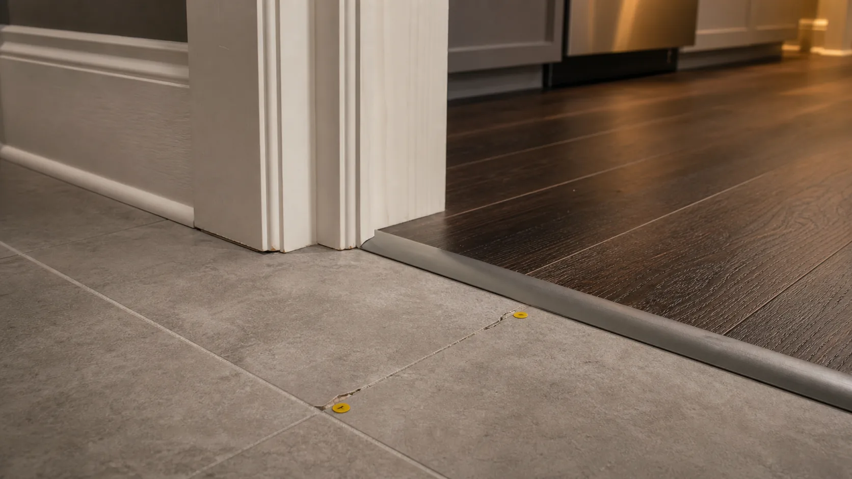 Matte gray floor tile meeting dark plank flooring with a small chipped tile edge and grout crack.