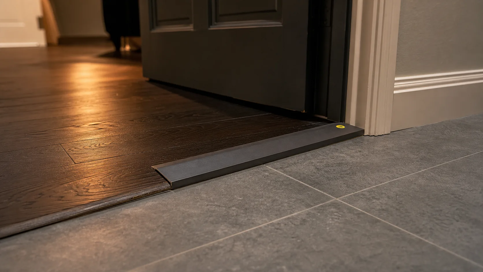 Close flooring transition between dark planks and gray tile with a raised threshold detail.