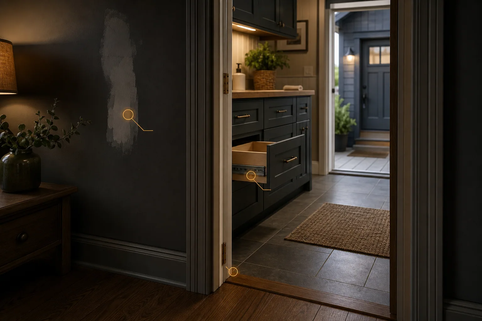 Forreston home repair context with amber markers on drywall, cabinet hardware, doorway trim, and side-entry details.