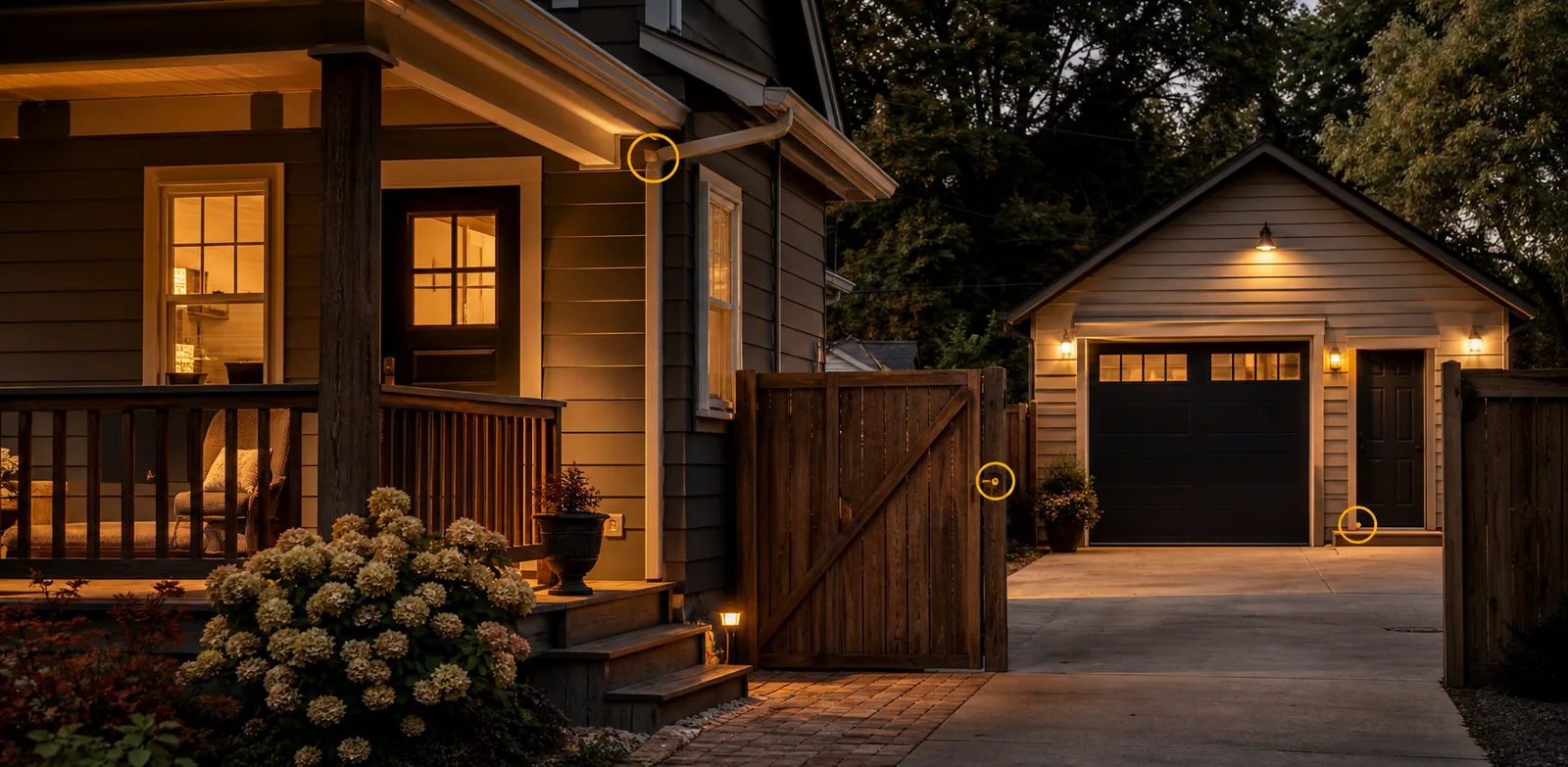 Maintained Forreston-style porch, side gate, driveway, and detached garage with amber markers on localized exterior repair details.