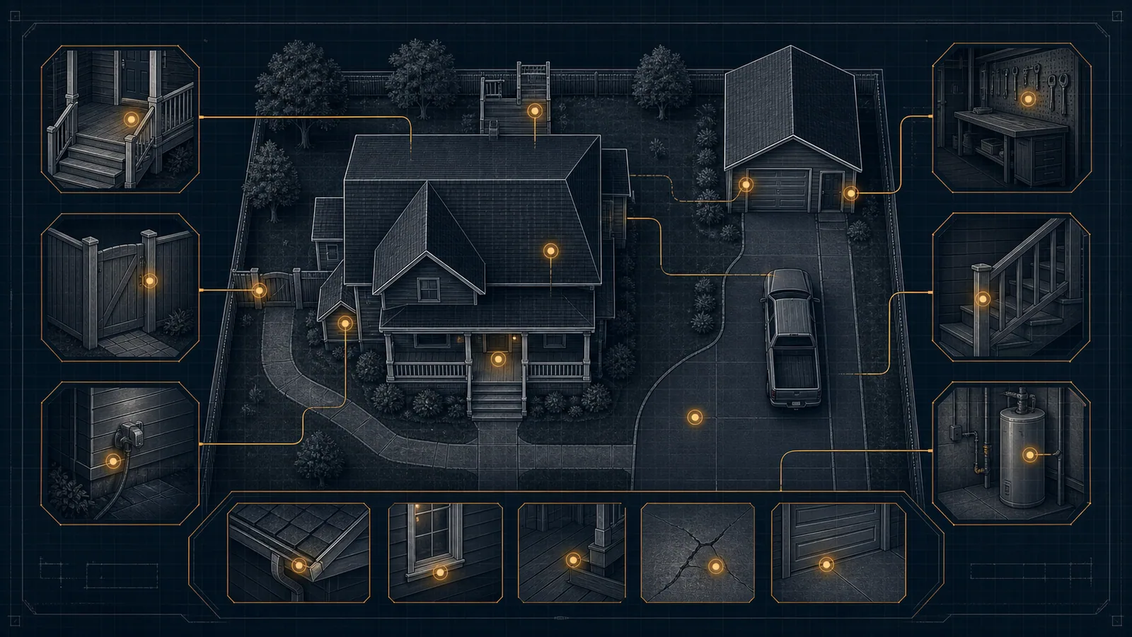 Dark blueprint-style Forreston property access diagram with amber route markers for driveway, porch, side gate, detached garage, and repair zones.
