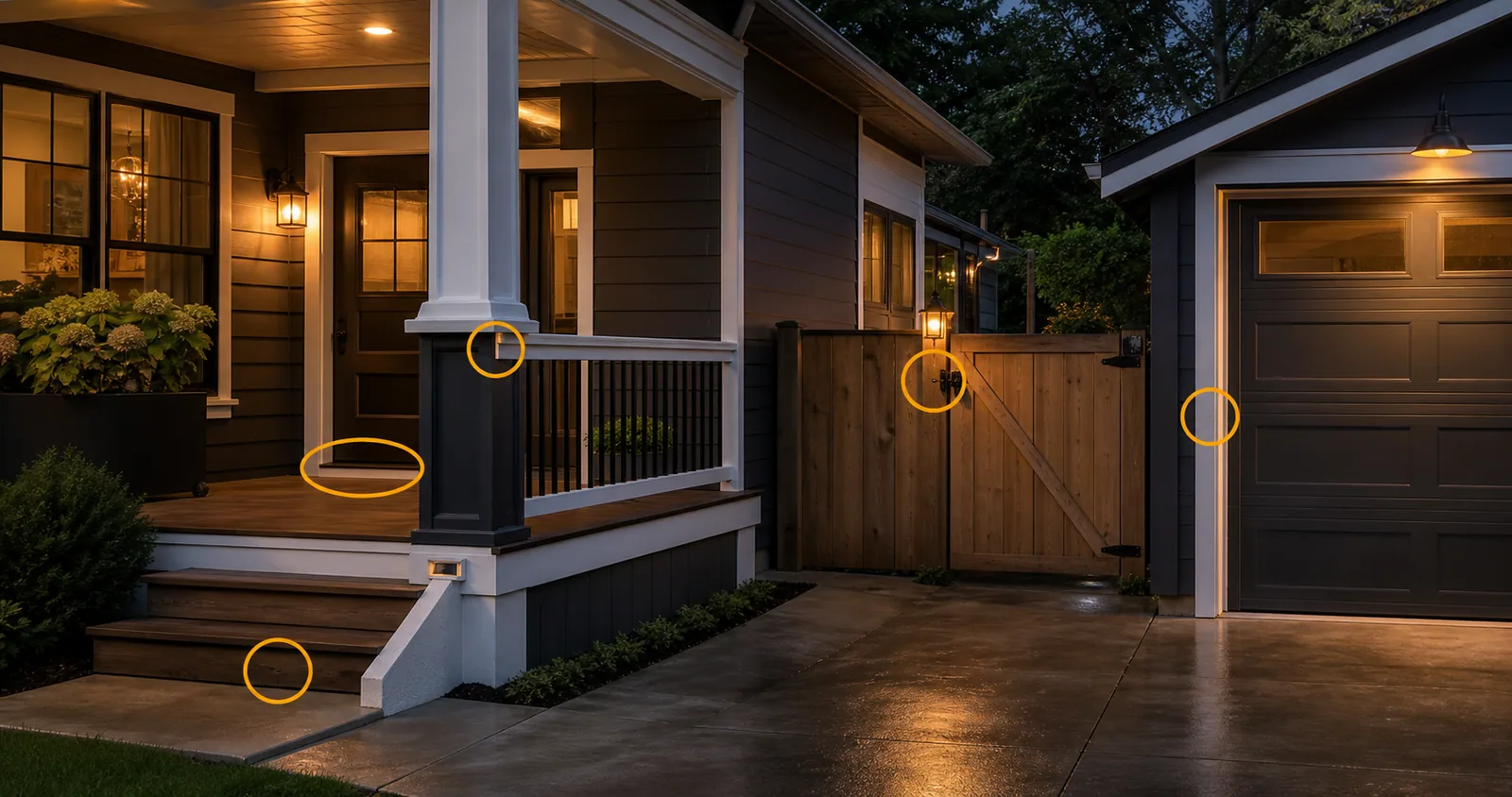Freeport residential exterior with covered porch, fence gate, driveway, garage, threshold, trim, and amber exterior repair markers.