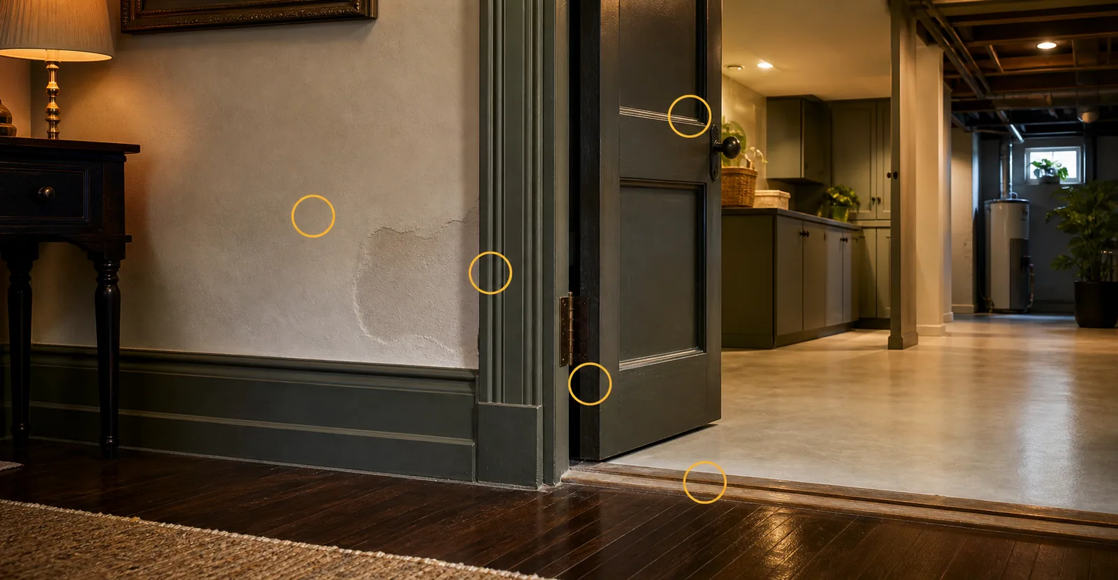 Freeport older home interior with plaster, painted trim, older hardware, updated basement or flooring transition, and amber material markers.