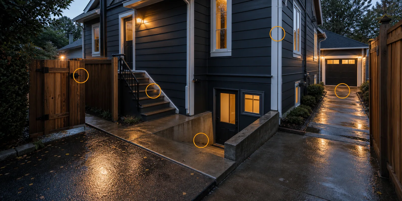 Freeport residential alley or driveway access with side gate, stairs, basement entry, garage route, wet concrete, and amber condition markers.