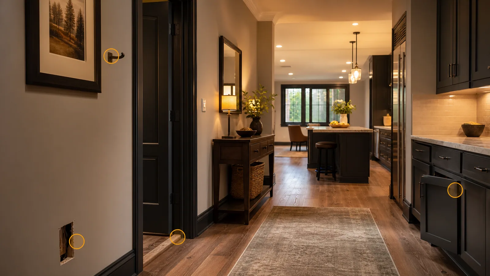 Polished hallway and kitchen with amber markers on a small drywall opening, wall hook, cabinet hinge, and trim threshold issue.