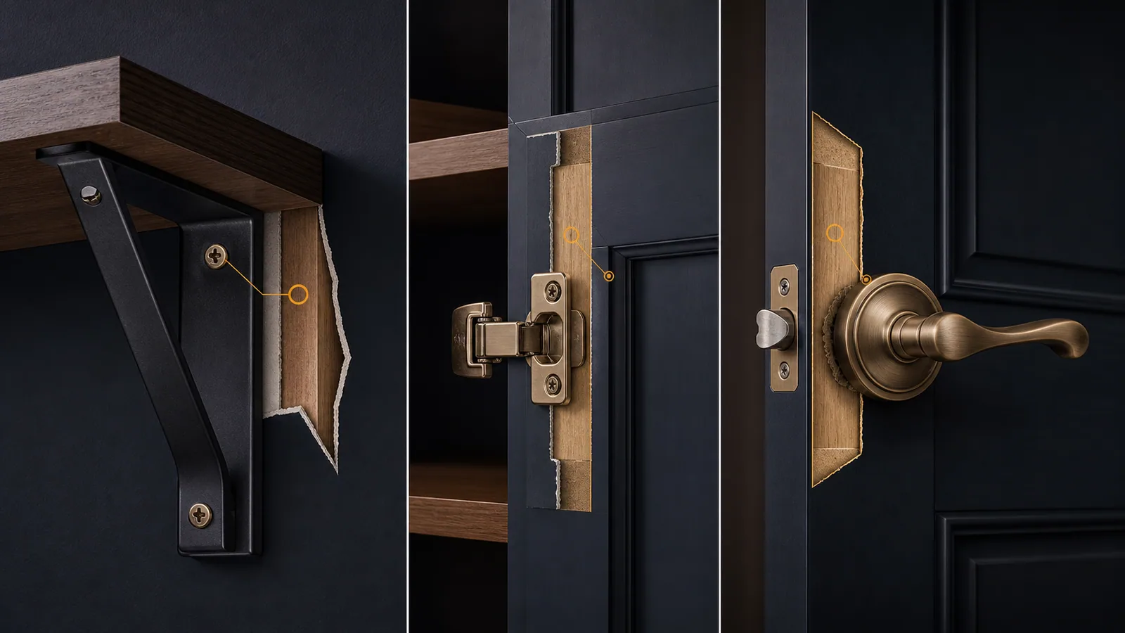 Diagnostic view of shelf bracket, cabinet hinge, and door handle mounting points with amber surface markers.