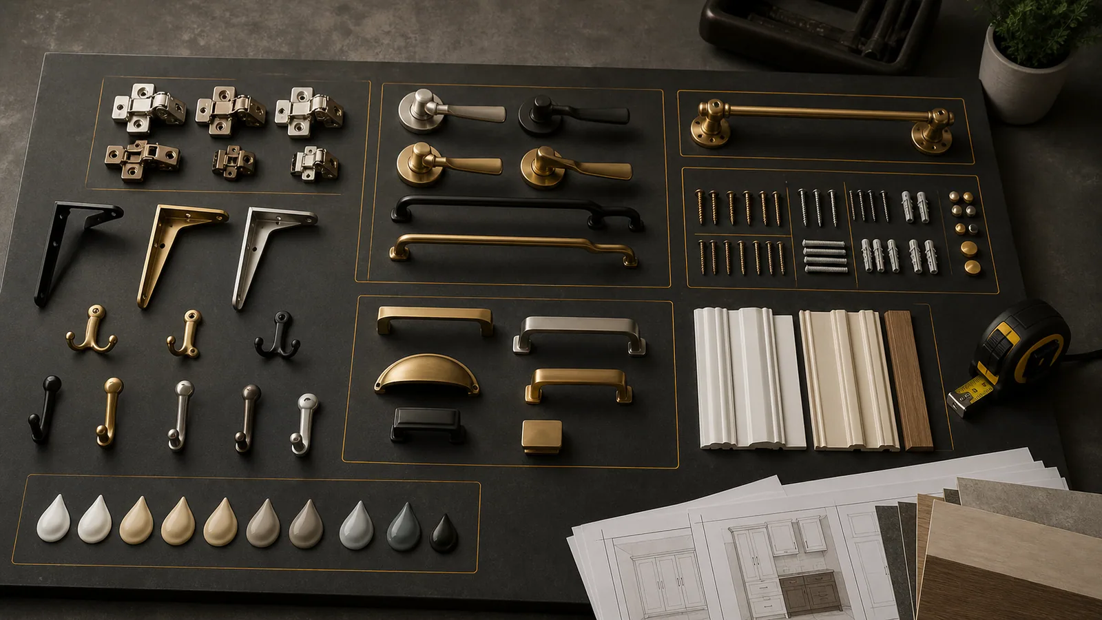 Organized small-job parts board with hinges, brackets, handles, hooks, fasteners, trim samples, caulk colors, and amber compatibility markers.