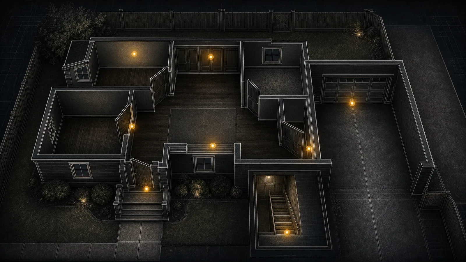 Dark home repair access diagram with generic rooms, front entry, side entry, basement stairs, attached garage, fenced yard, driveway, and amber repair zones.