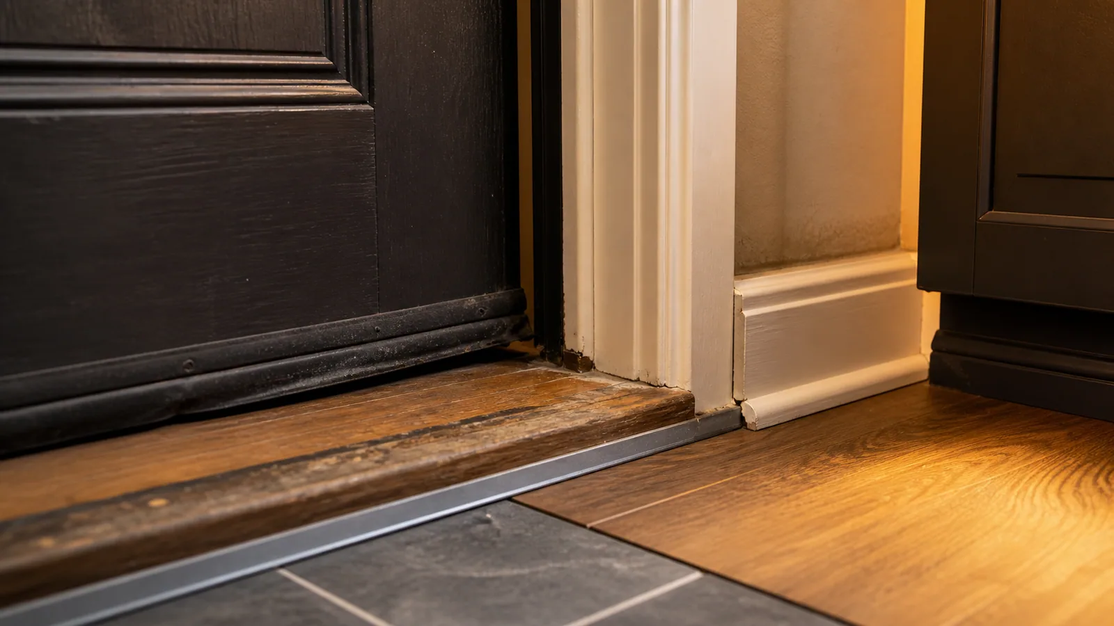 Close Freeport home repair detail with door bottom, threshold, sweep, weatherstripping, baseboard, floor transition, caulk joint, and mild lower-wall wear.