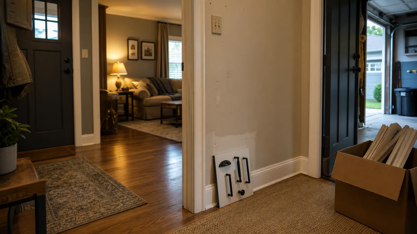 Residential home repair occupancy context with entry, wall marks, cabinet hardware, partially cleared room, side access, garage view, and replacement materials.