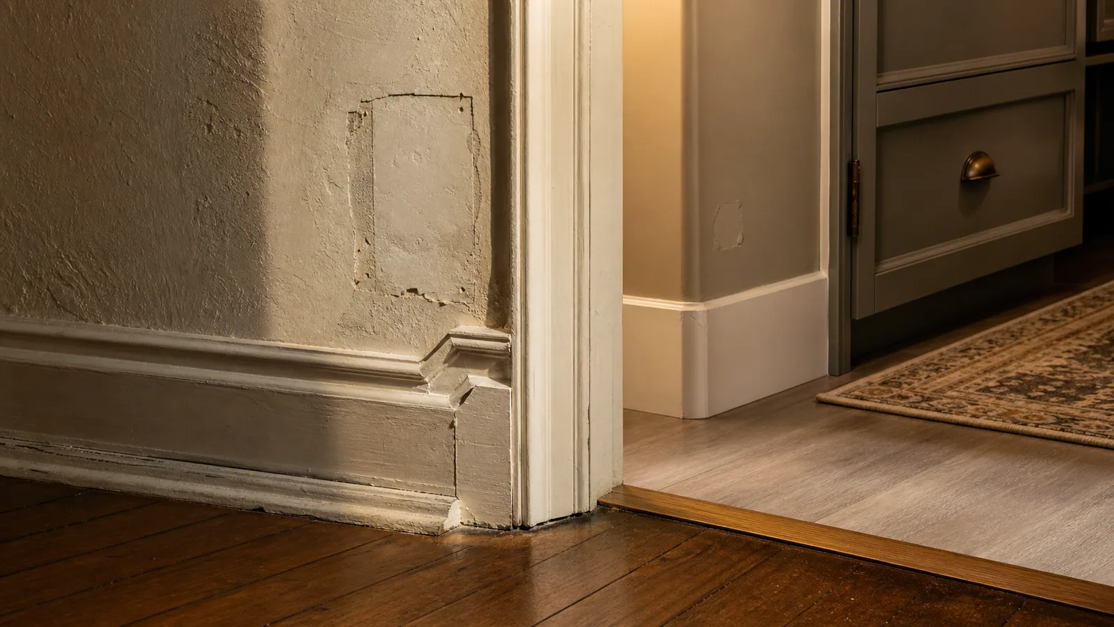 Older Freeport home materials with plaster texture, patch edges, baseboard profile, doorway casing, flooring transition, cabinet hardware, and previous repair marks.