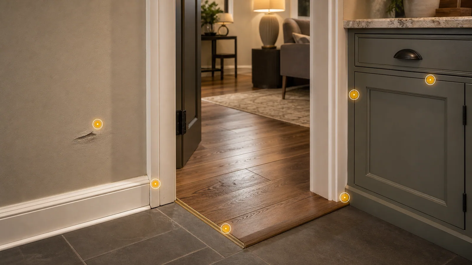 Freeport home repair scope with drywall detail, doorway, cabinet corner, floor transition, threshold, trim caulk, and amber repair markers.
