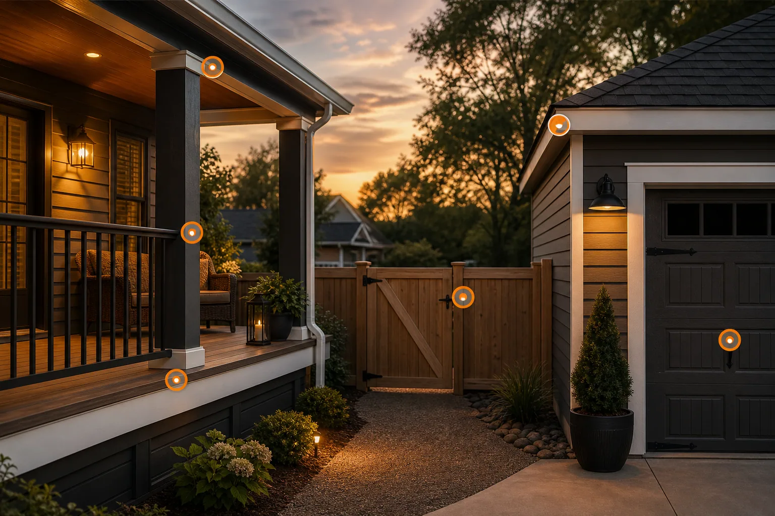 Maintained Lena porch, short deck edge, fenced gate, and detached garage with amber markers for localized exterior repair details.