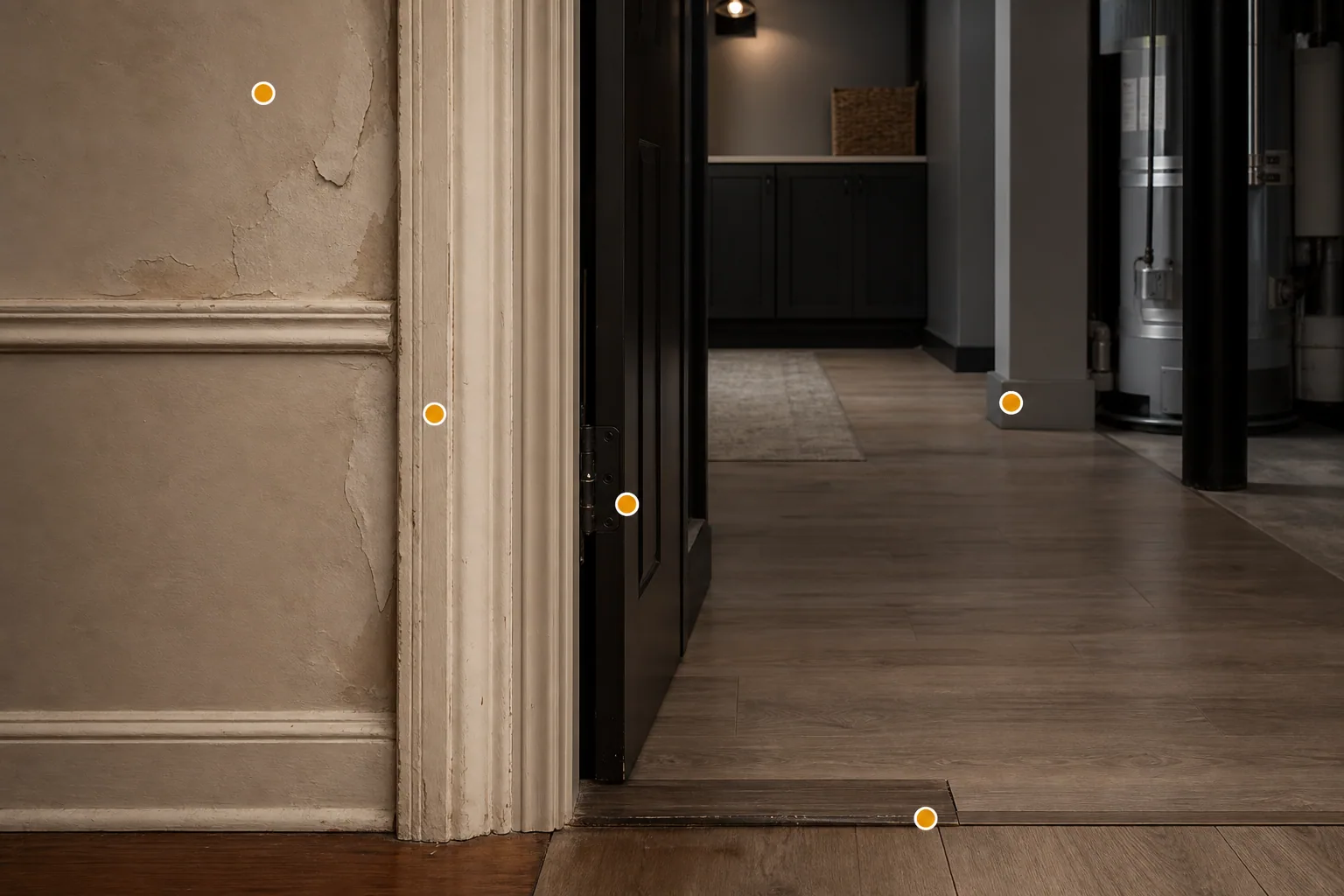 Older plaster wall, painted trim, updated threshold, and utility-area transition with amber markers for material and previous-work review in a Lena home.