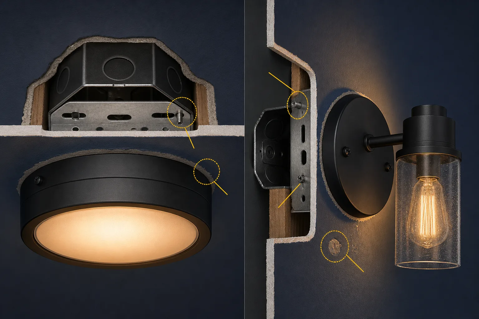 Architectural cutaway showing ceiling fixture and wall sconce mounting locations without exposed wiring instructions.