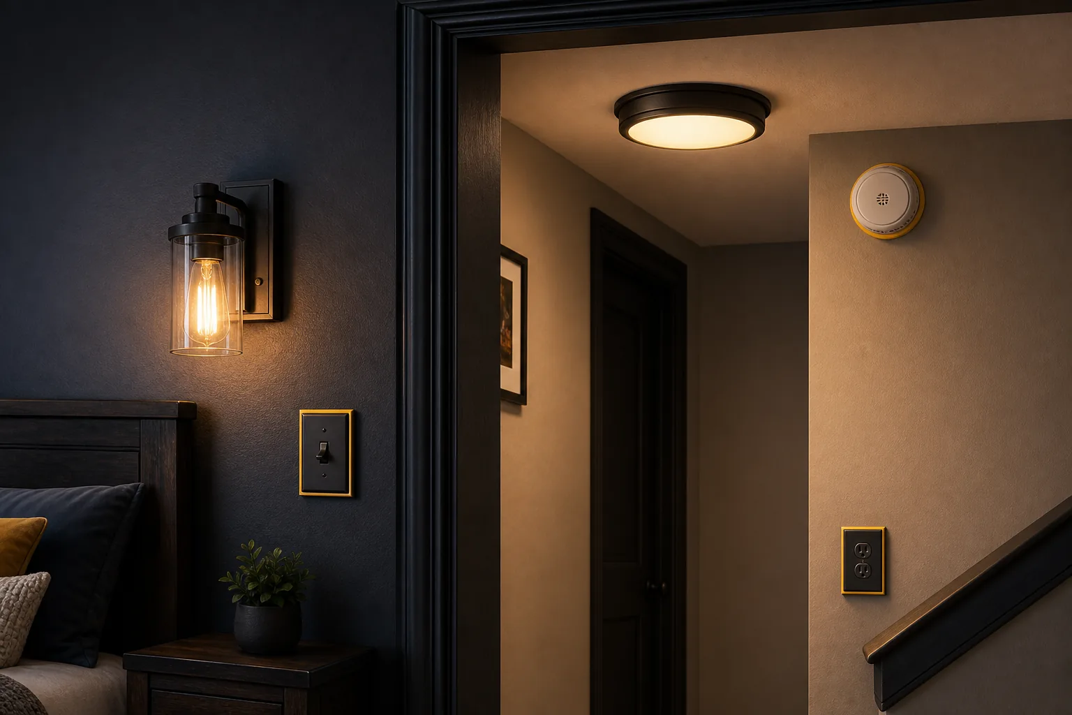 Finished interior with ceiling light, wall sconce, switch plate, outlet cover, and battery smoke detector.