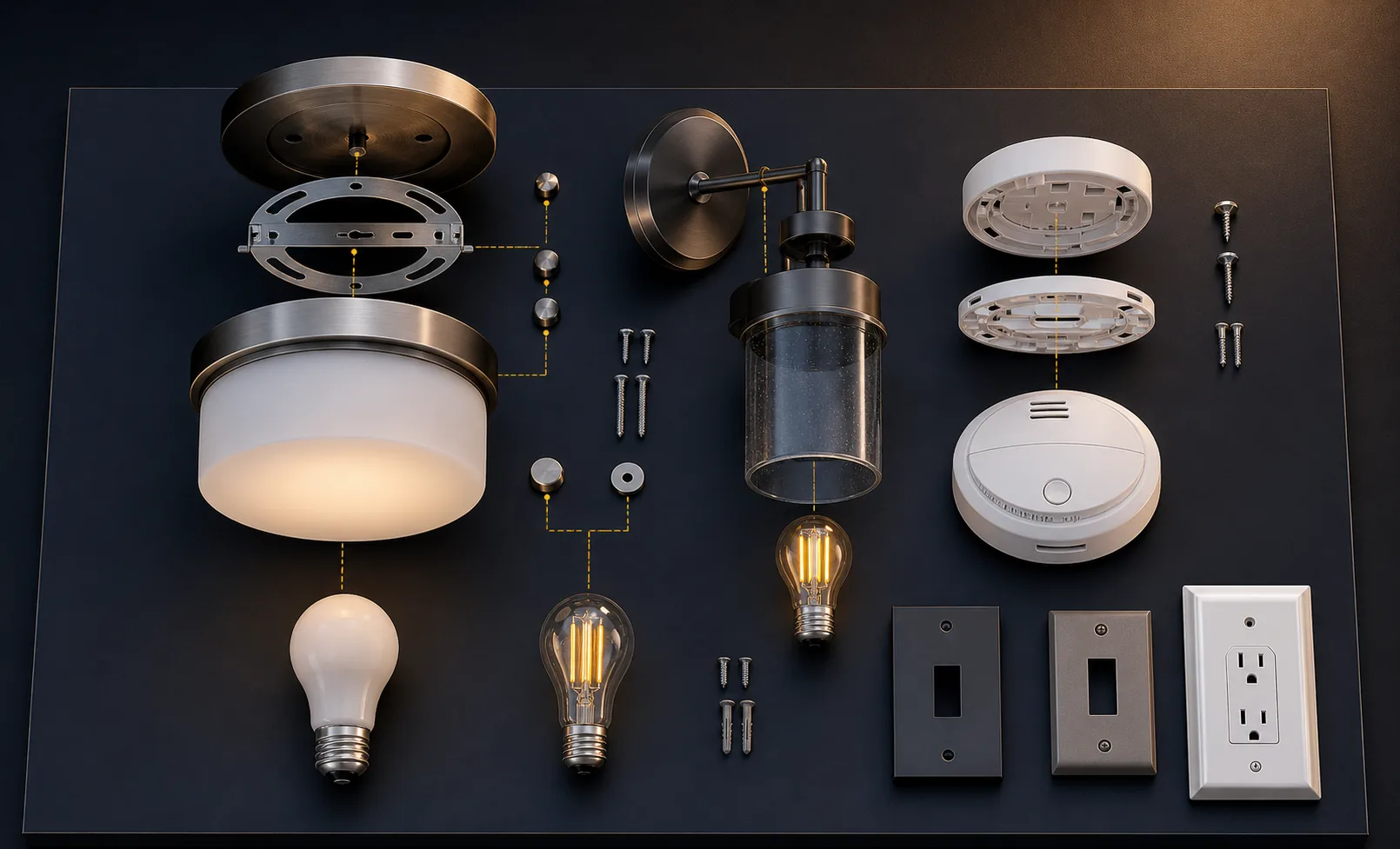 Organized light fixture, sconce, smoke detector, cover plates, bulbs, screws, caps, and mounting parts on a dark presentation surface.
