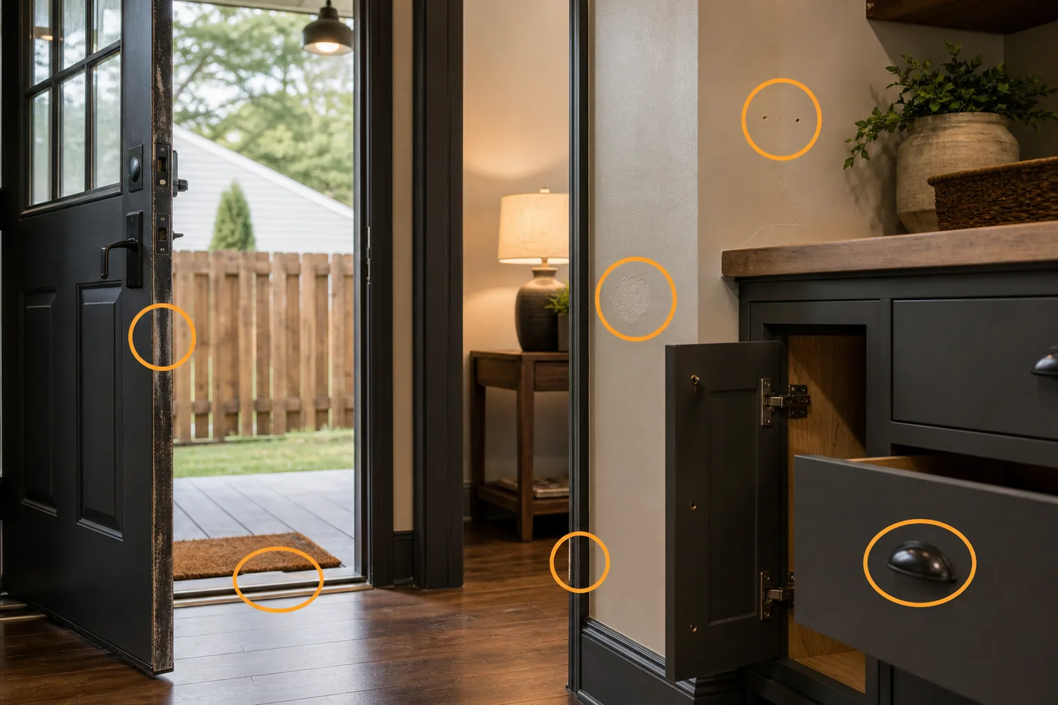 Monroe home interior with entry door, threshold, cabinet hardware, older patch area, trim, and amber repair markers.