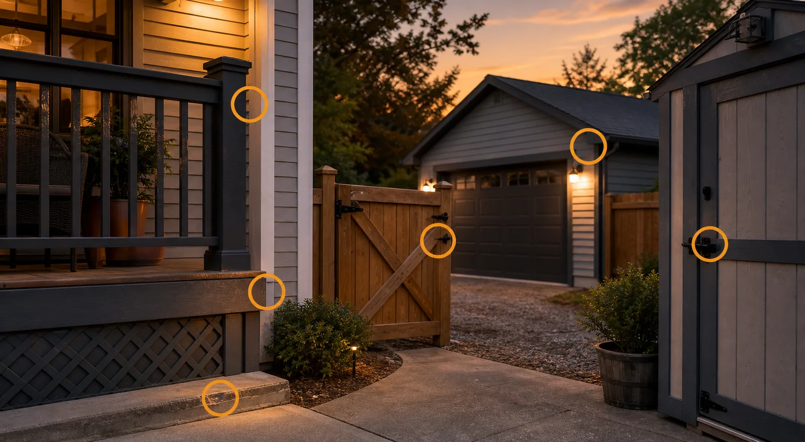 Monroe residential porch, deck edge, fenced gate, detached garage, storage structure, and amber exterior repair markers.