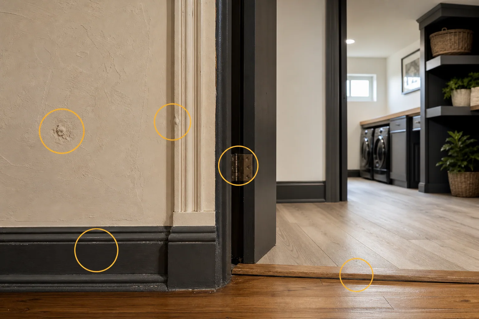 Monroe established home interior with older plaster, painted trim, updated flooring transition, clean utility-area doorway, and amber material markers.