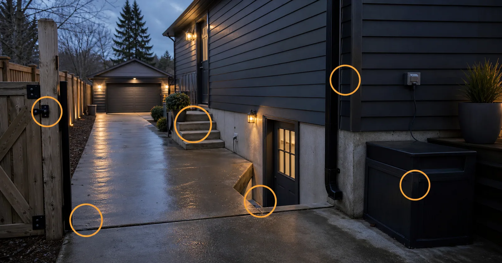 Monroe residential driveway, side gate, steps, lower-level entry, detached garage, wet concrete, and amber access-condition markers.