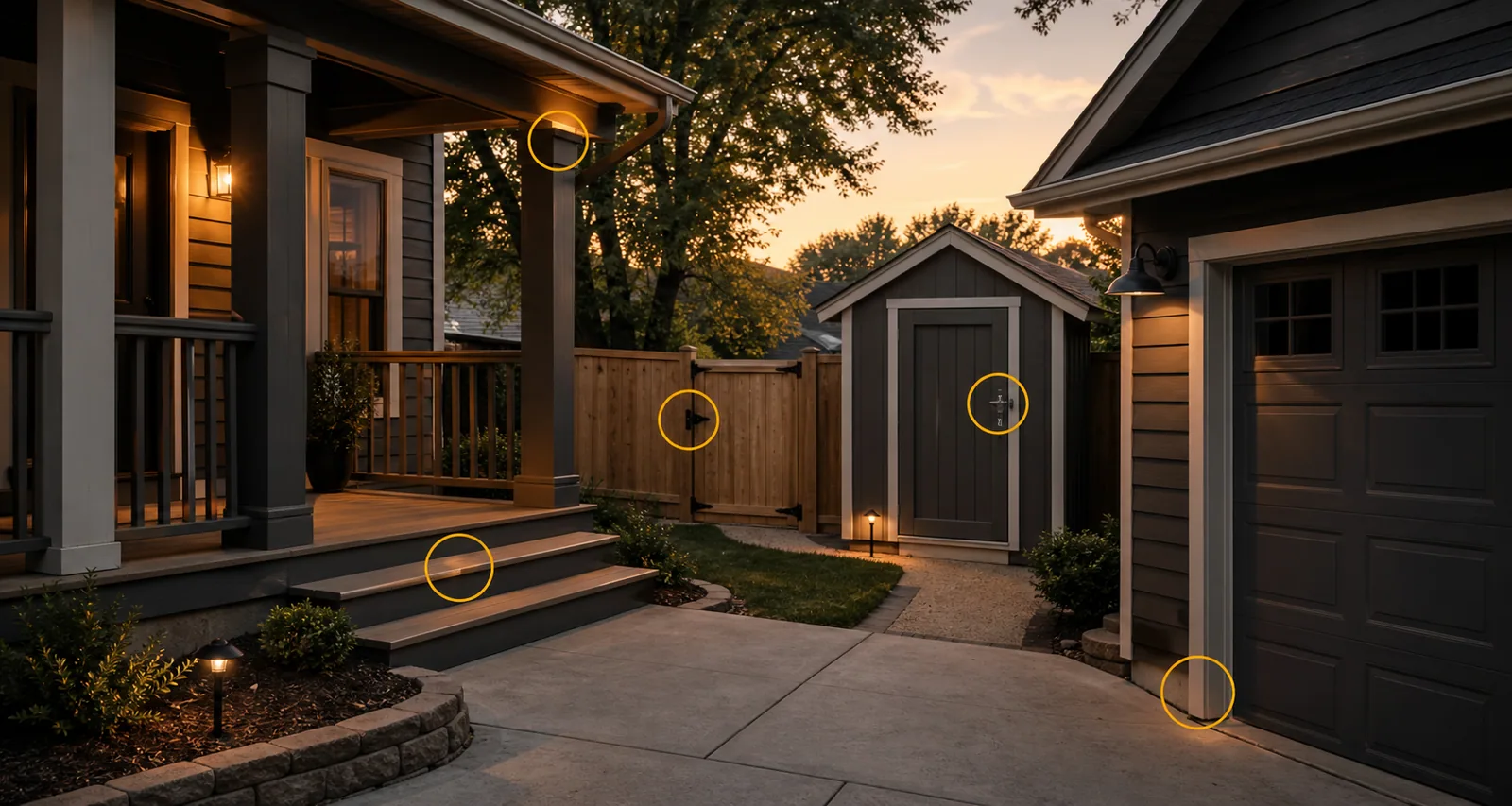 Mount Carroll residential porch, compact deck, fenced gate, detached garage, storage structure, sloped walkway, and amber exterior repair markers.