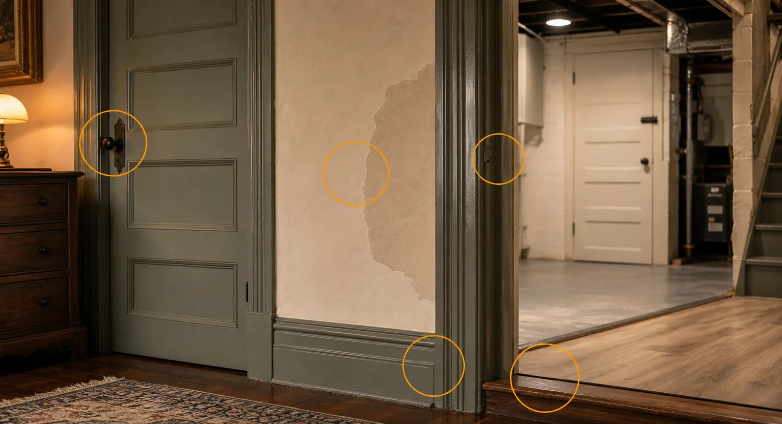 Mount Carroll older home interior with plaster, painted trim, hardware, flooring transition, clean utility doorway, and amber material markers.