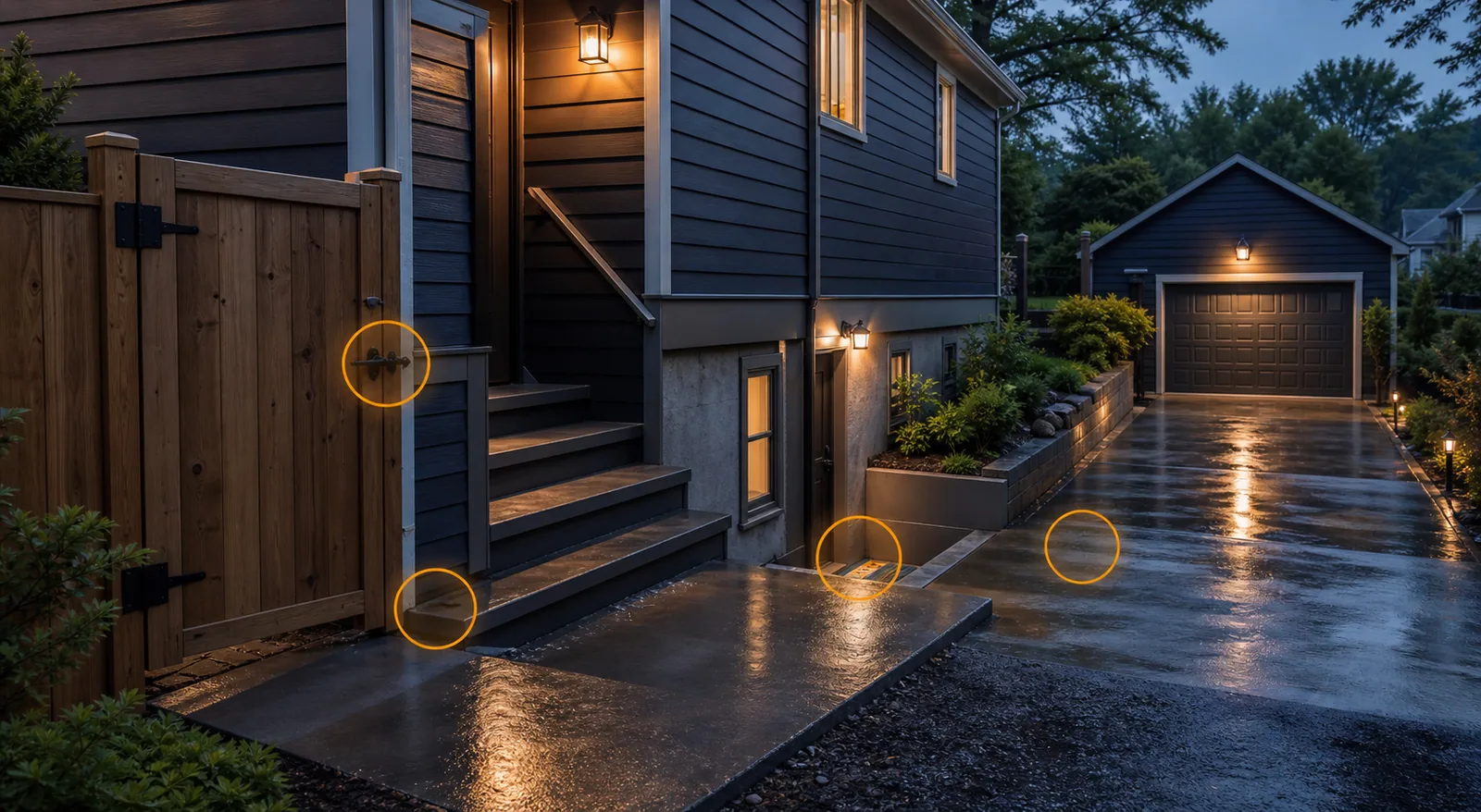 Mount Carroll residential shared driveway, side gate, exterior stairs, lower-level entry, detached garage, wet concrete, and amber access markers.