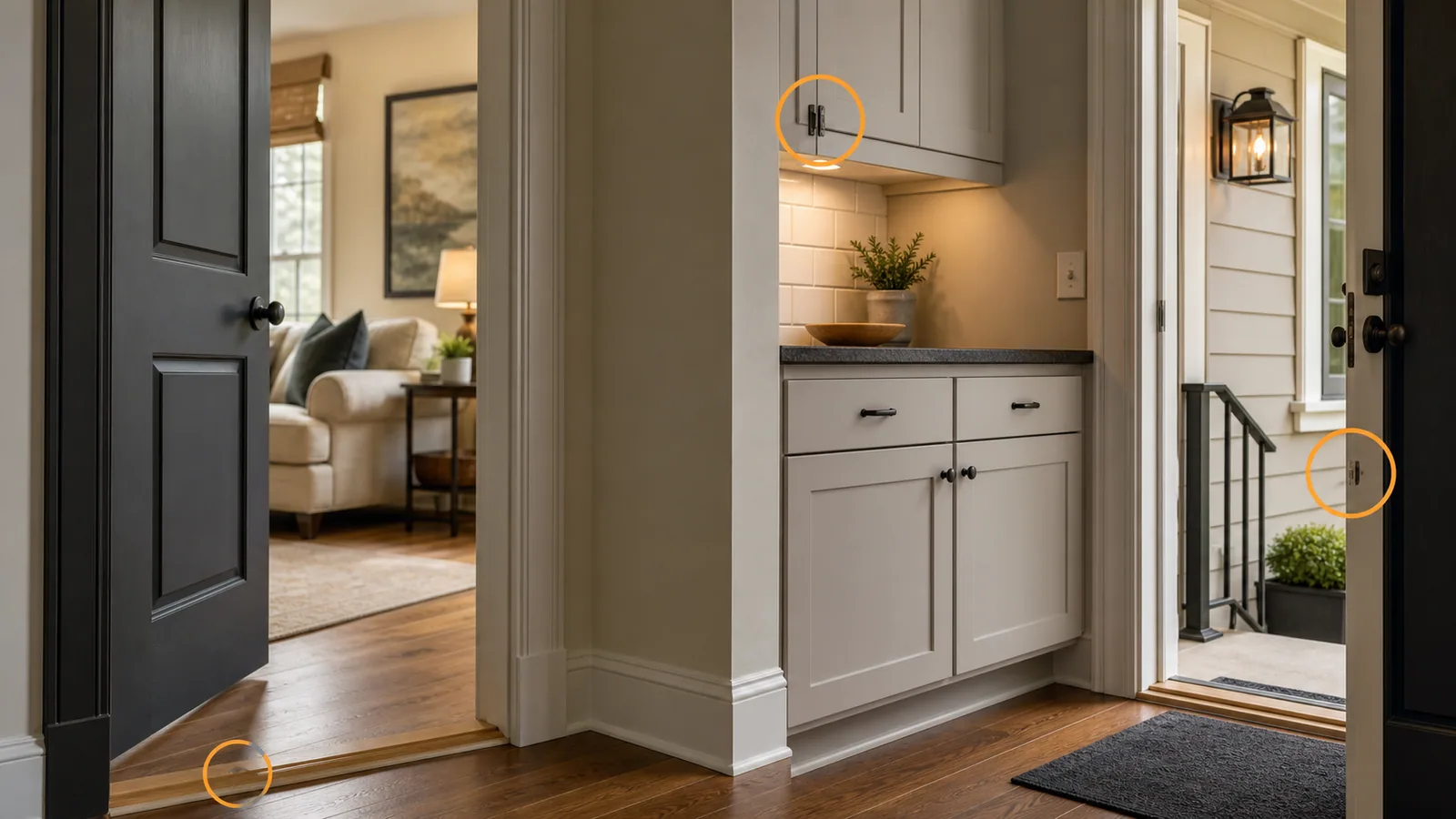 Orangeville-style home interior and side-entry repair context with amber markers on doorway trim, cabinet hardware, and exterior entry detail.