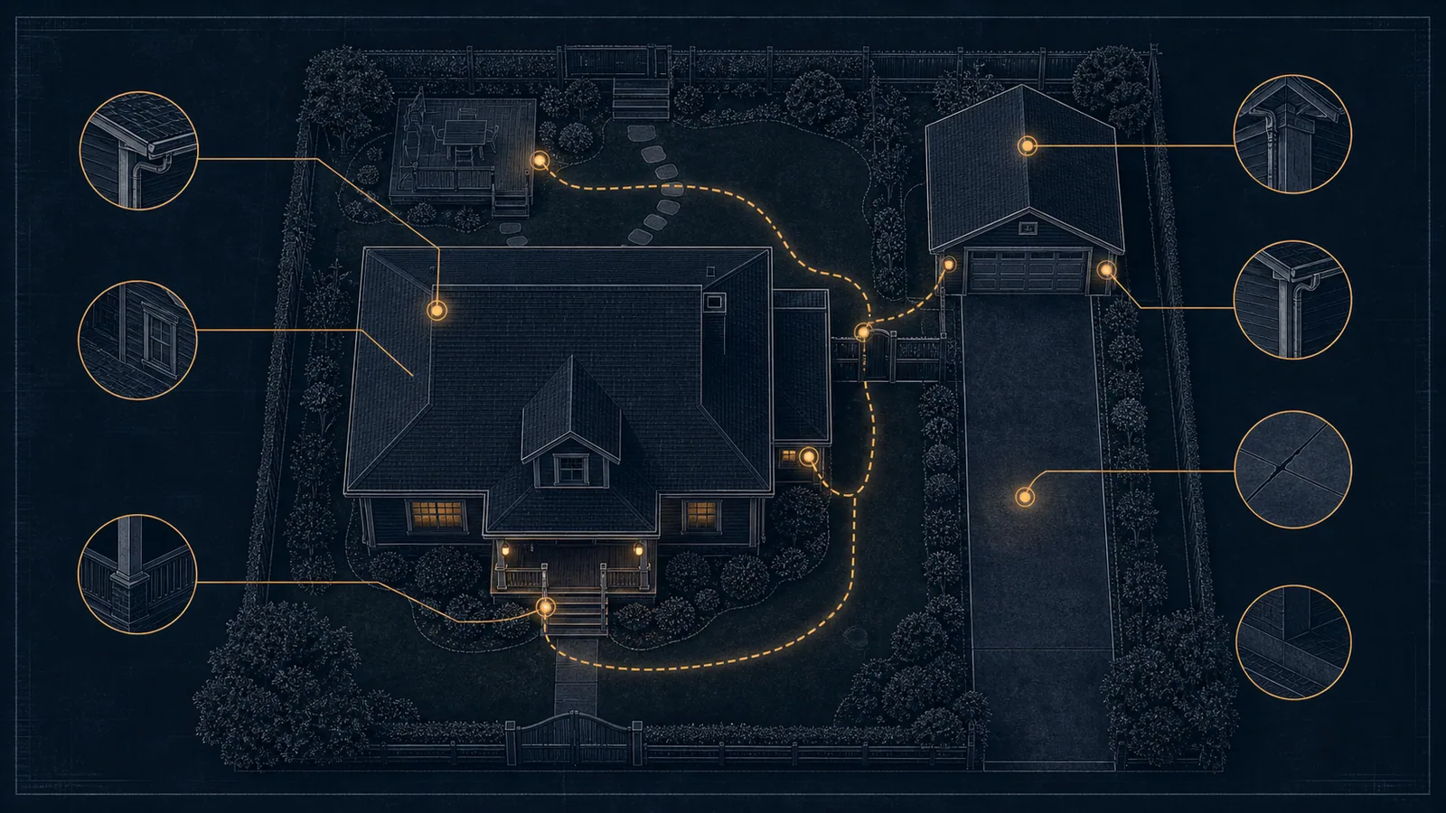 Dark blueprint-style residential access diagram with amber route lines to driveway, detached garage, side gate, porch, and repair access points.