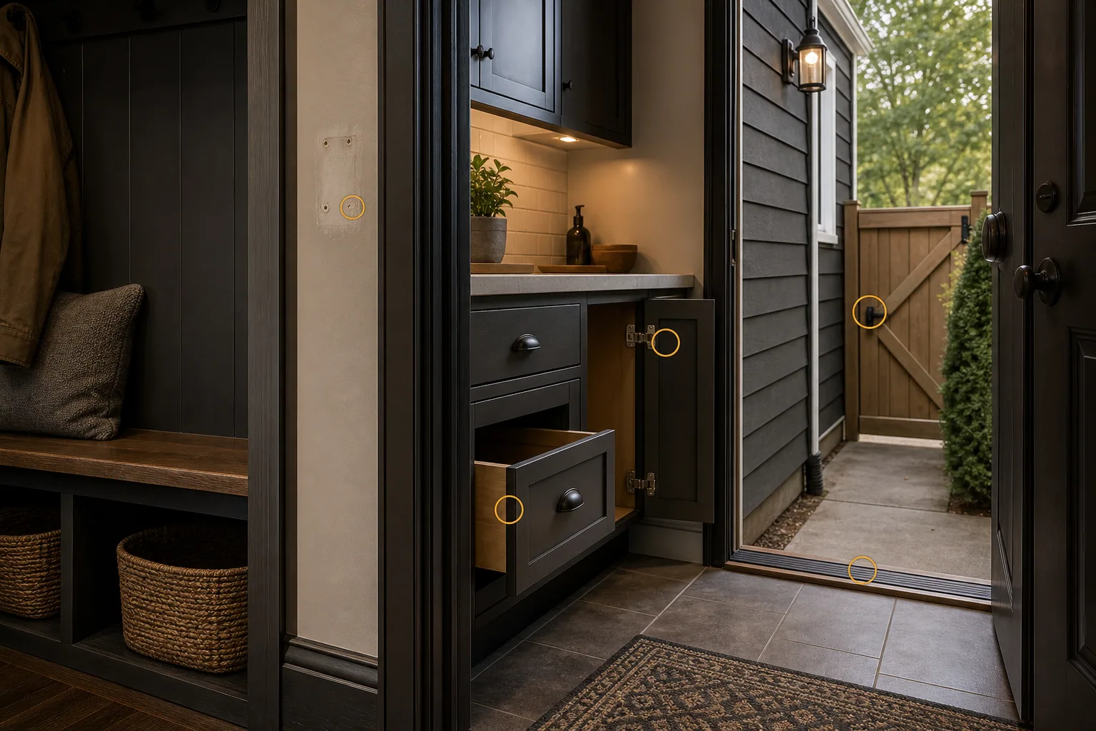 Pecatonica home mudroom, cabinet, doorway, and fenced side-entry repair context with amber markers on drywall, hardware, threshold, and gate details.