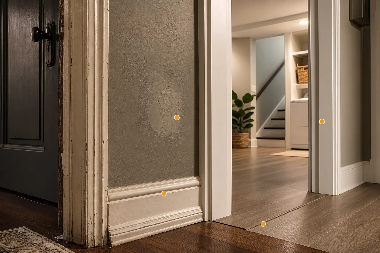 Older painted doorway, plaster patch, updated interior transition, and basement or utility-area trim details with amber markers.