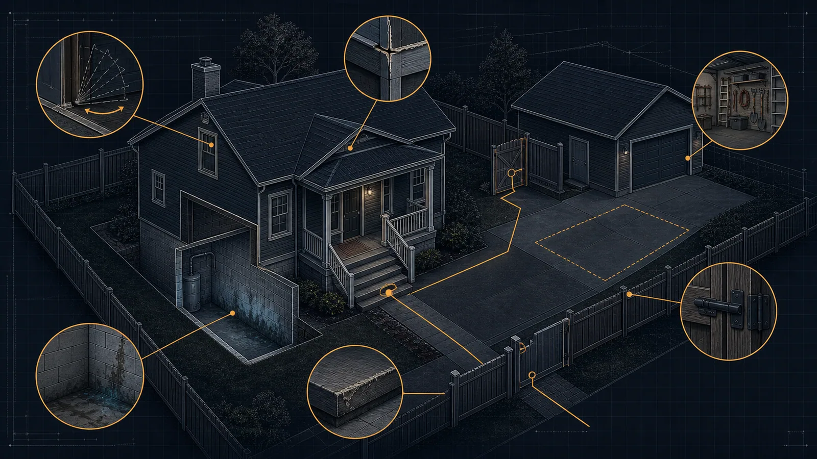 Dark blueprint-style Pecatonica property access and seasonal-condition diagram with amber route markers for basement access, driveway, porch, fenced yard, detached garage, and repair zones.