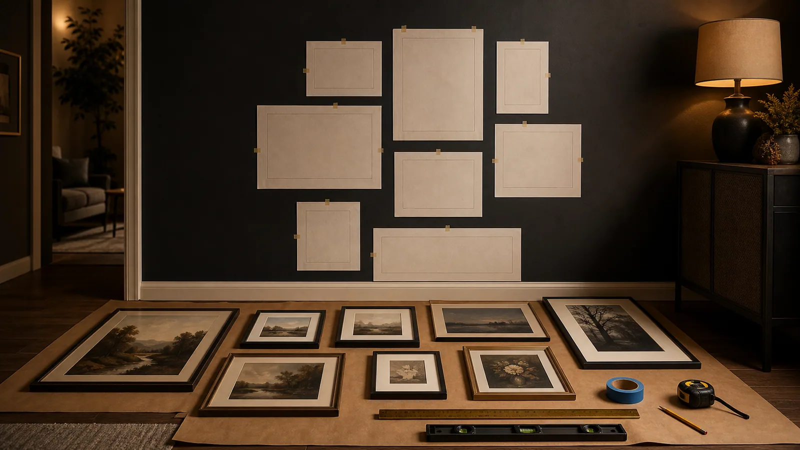 Gallery wall planning scene with paper templates on a dark wall, framed art arranged below, level, tape measure, painter tape, and pencil.