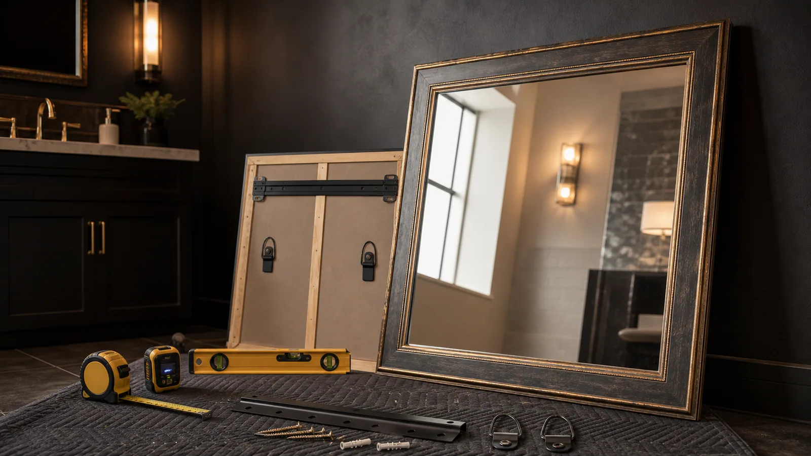 Large mirror, rear mounting hardware, heavy-duty mounting plate, level, tape measure, stud finder, and protective blanket.